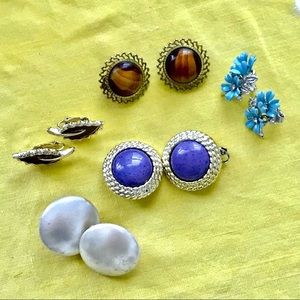 Vintage clip on earrings colorful stones gold silver tone tigers eye blue purple